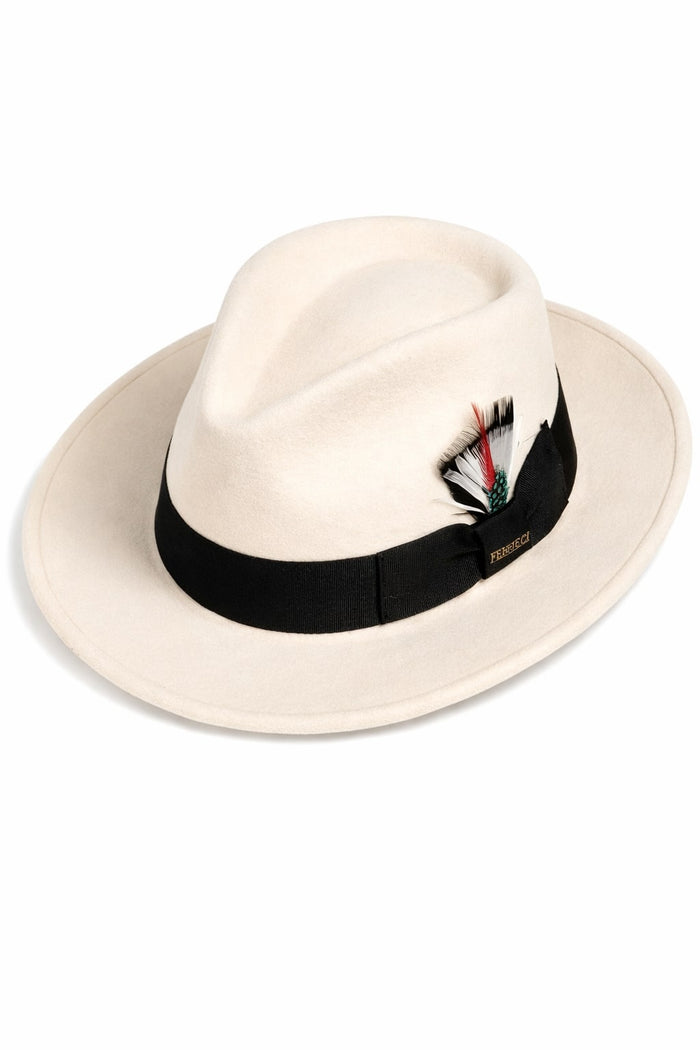 Gangster 100% Australian Wool Crushable Mens Fedora Hat - Removable Feather Gangster White/Black Mens Fedora Hat