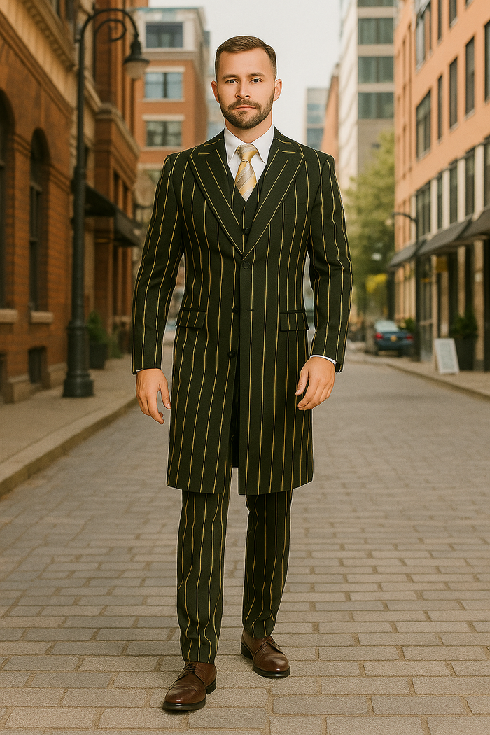Pinstripe Zoot Suit For Men - Gangster  Wedding Suit in Black and Gold Pinstripe