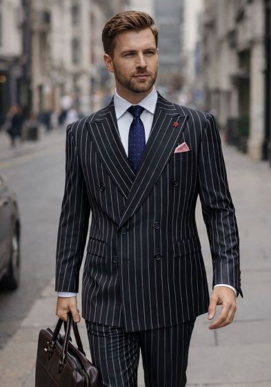 Statement Men's 2 Piece 100% Wool Modern Fit Pinstripe Suit - Double Breasted Jacket - 38 Regular