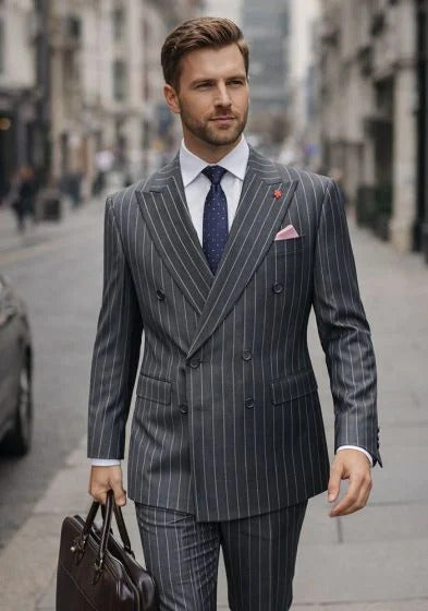 Statement Men's 2 Piece 100% Wool Modern Fit Pinstripe Suit - Double Breasted Jacket - 38 Regular