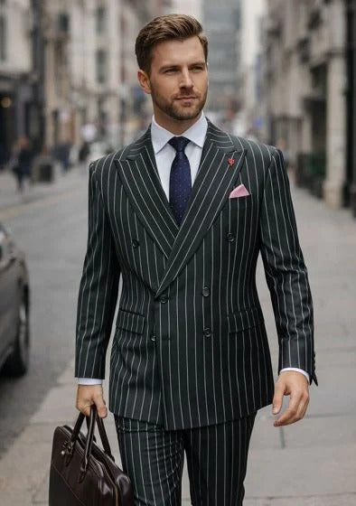 Statement Men's 2 Piece 100% Wool Modern Fit Pinstripe Suit - Double Breasted Jacket - 38 Regular