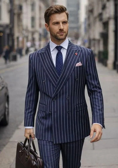 Statement Men's 2 Piece 100% Wool Modern Fit Pinstripe Suit - Double Breasted Jacket - 38 Regular