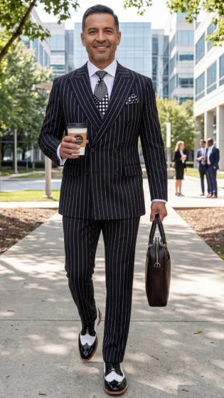 Statement Men's 2 Piece 100% Wool Modern Fit Pinstripe Suit - Double Breasted Jacket - 38 Regular