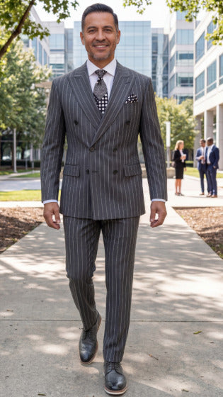 Statement Men's 2 Piece 100% Wool Modern Fit Pinstripe Suit - Double Breasted Jacket - 38 Regular