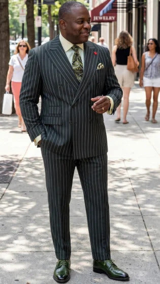 Statement Men's 2 Piece 100% Wool Modern Fit Pinstripe Suit - Double Breasted Jacket - 38 Regular