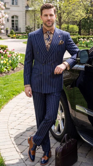 Statement Men's 2 Piece 100% Wool Modern Fit Pinstripe Suit - Double Breasted Jacket - 38 Regular