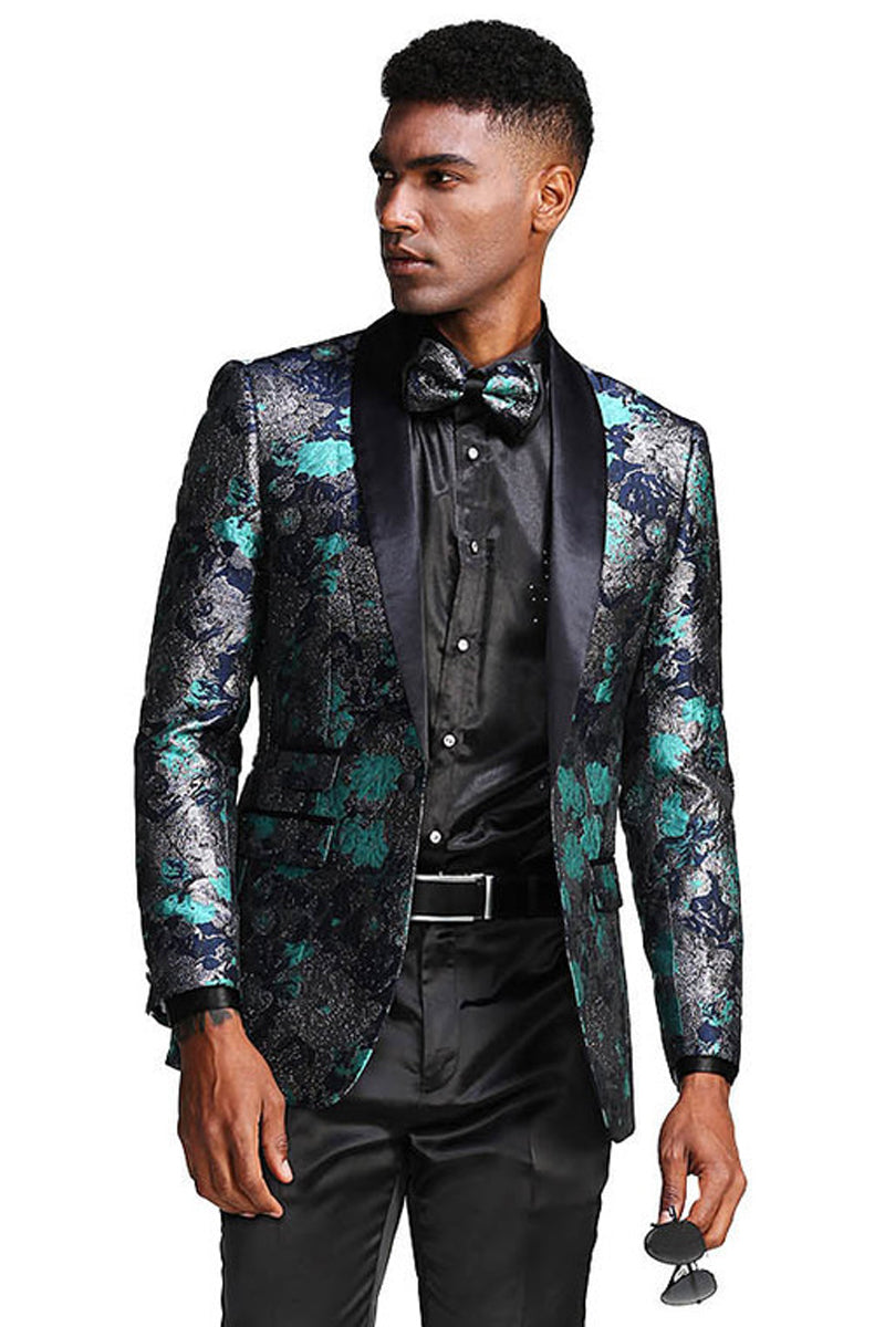 Turquoise & Navy Blue Paisley Floral Men's Slim Fit Prom Tuxedo with Shawl Lapel