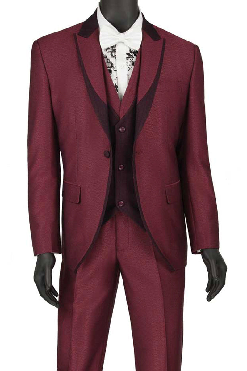 Mens 1 Button Trim Peak Vested Tuxedo Suit in Burgundy - 36 Short