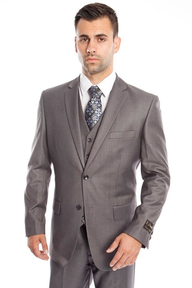 Grey Men's Wedding & Business Suit - Solid Color Two Button Vested
