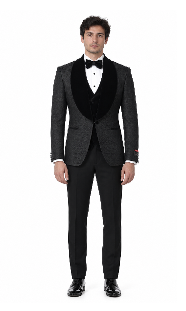 Gianni | Black with Black Velvet Lapel 3-Piece Tailored-Fit Tuxedo Black Velvet Suits and Tuxedos