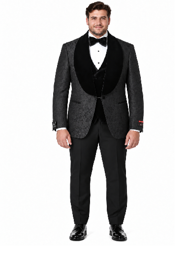 Gianni | Black with Black Velvet Lapel 3-Piece Tailored-Fit Tuxedo Black Velvet Suits and Tuxedos