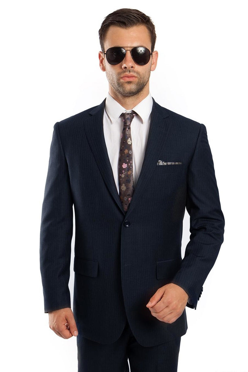 "Men's Navy Blue Micro Pinstripe Business Suit - Regular Fit Two Button"