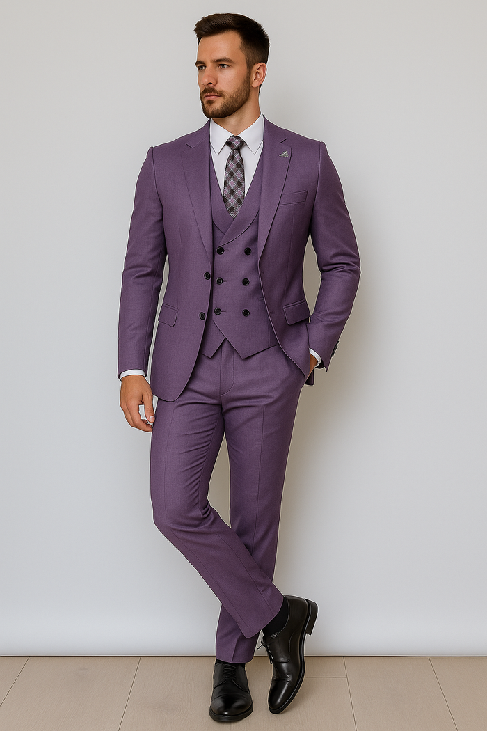 Giovanni Testi Suits With Double Breasted Vest - 3 Pieces  Peak Lapel  in Purple