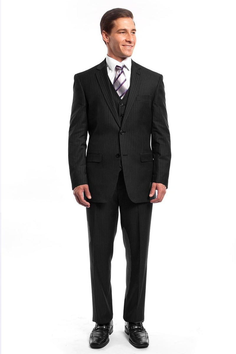 "Black Pinstripe Men's Business Suit - Two Button Vested Style"
