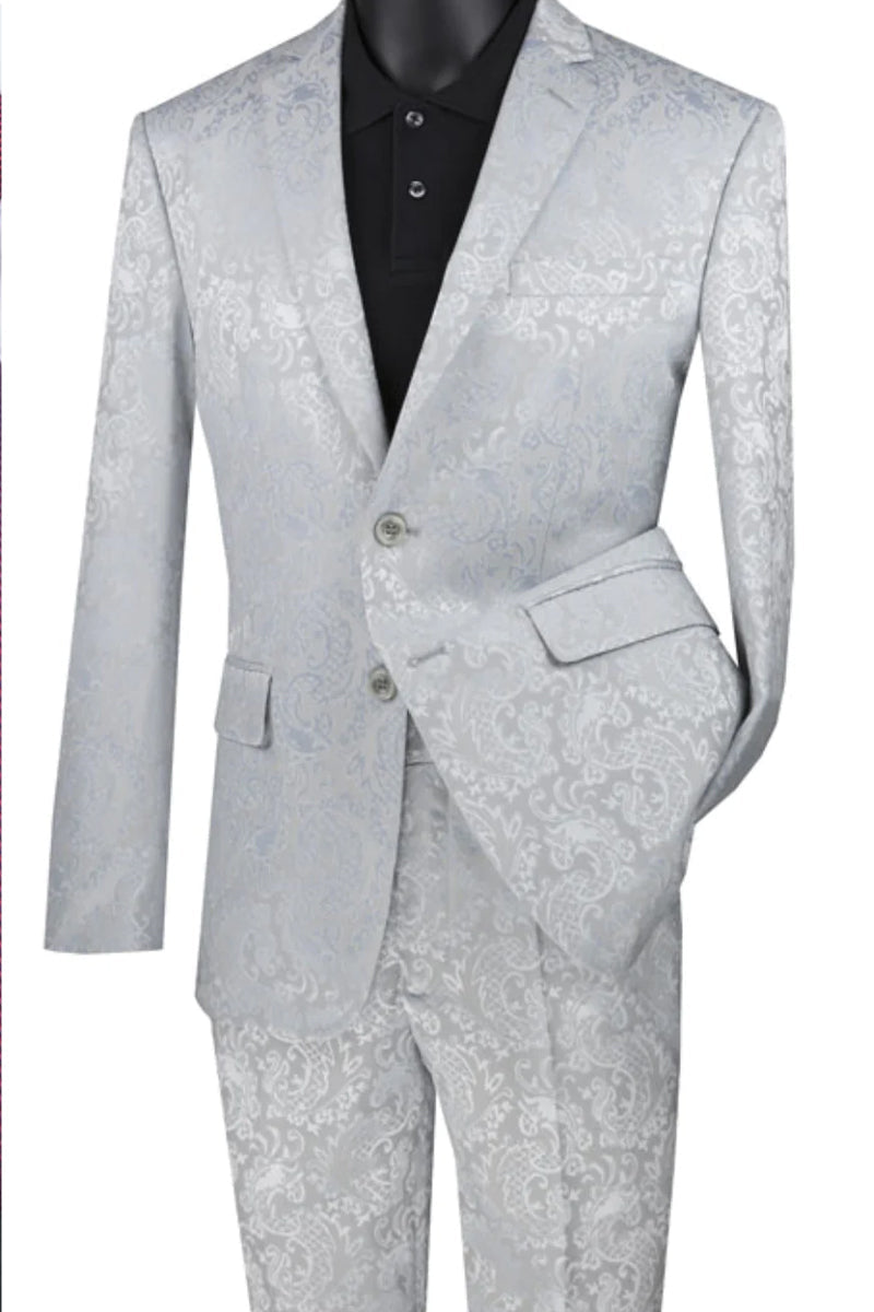 "Silver Grey Men's Slim Fit Paisley Wedding & Prom Suit"