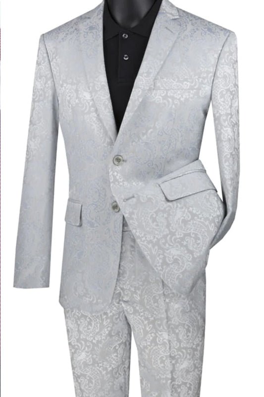 "Silver Grey Men's Slim Fit Paisley Wedding & Prom 2025 Suit"