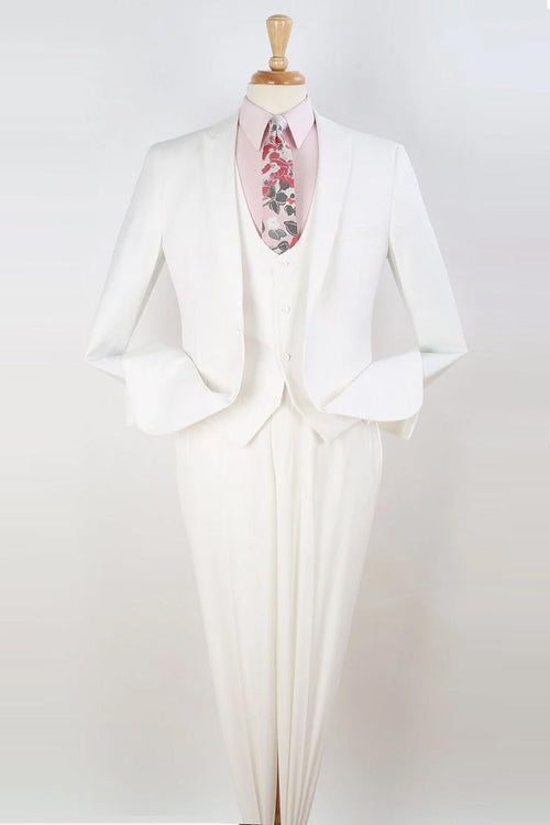 Mens One Button Slim Fit Vested Peak Lapel Skinny Suit in White