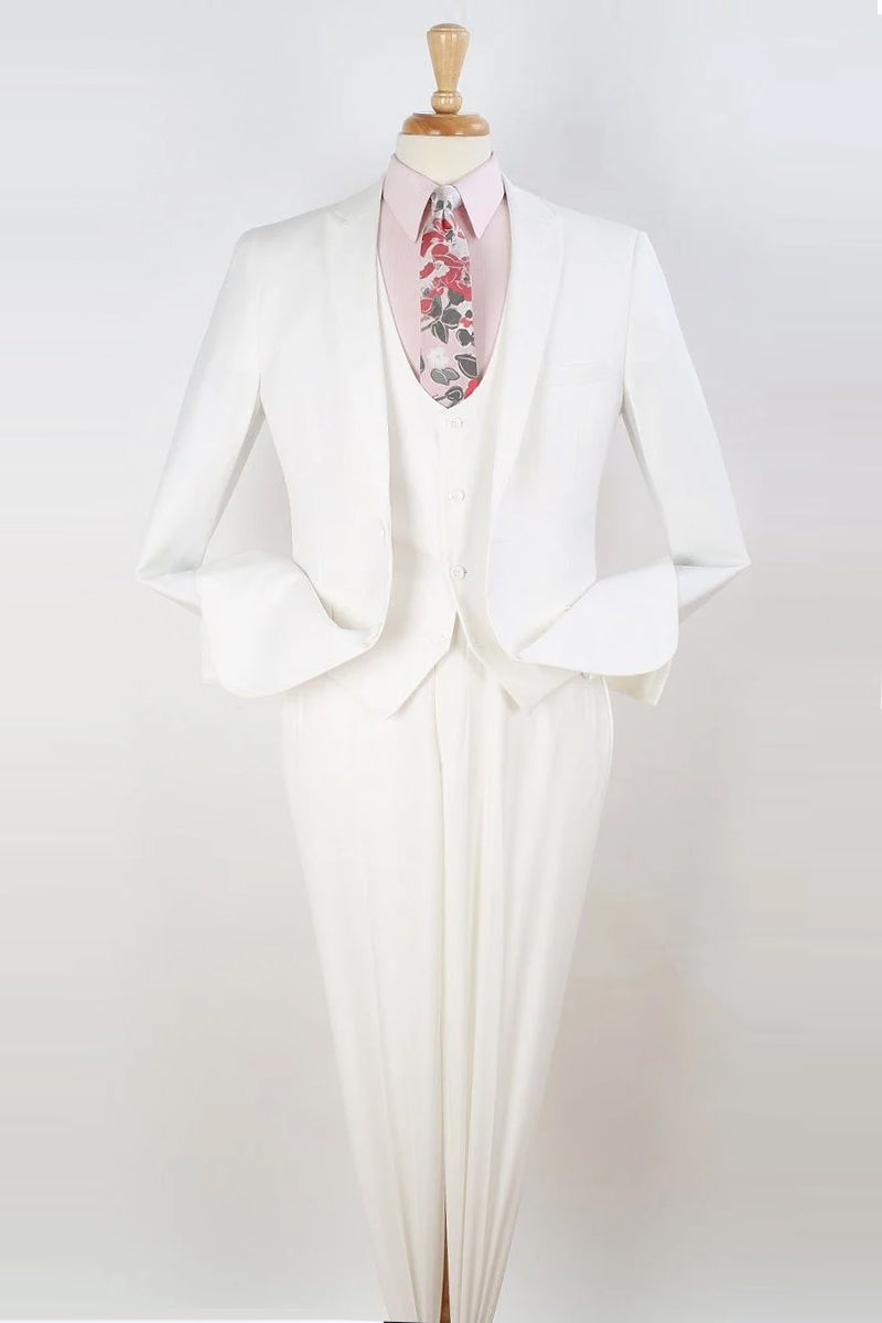Mens One Button Slim Fit Vested Peak Lapel Skinny Suit in White - White