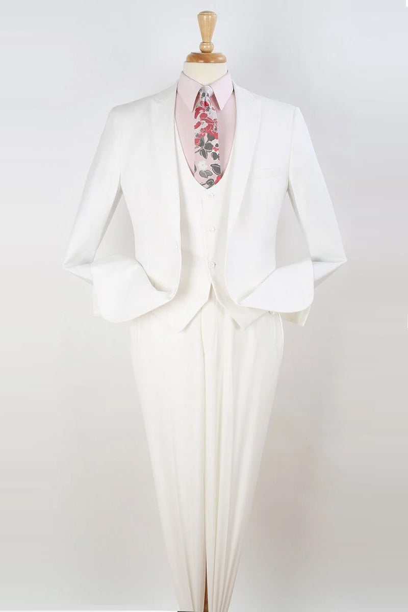 "White Slim Fit Men's Suit: One Button, Vested Peak Lapel - Skinny Fit"