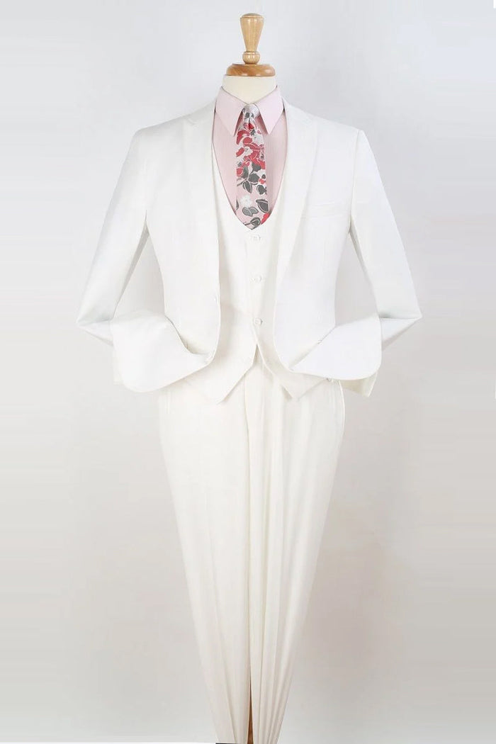 Mens One Button Slim Fit Vested Peak Lapel Skinny Suit in White