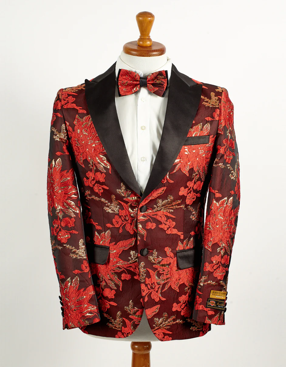 Mens 2 Button Red & Gold Floral Paisley Tuxedo Blazer - For Men  Fashion Perfect For Wedding or Prom or Business  or Church