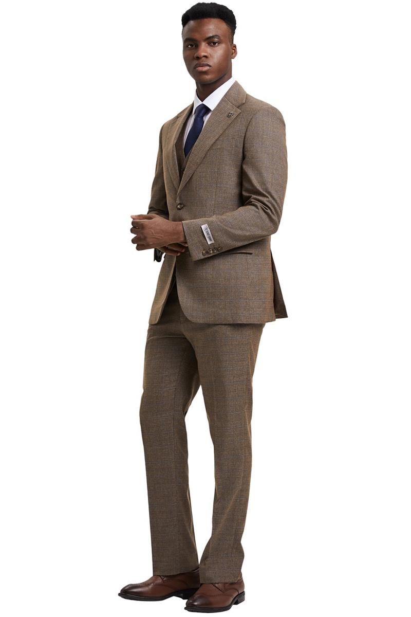 Men's Stacy Adams Modern Fit Vested Suit in Taupe Micro Check Plaid - 38 Regular