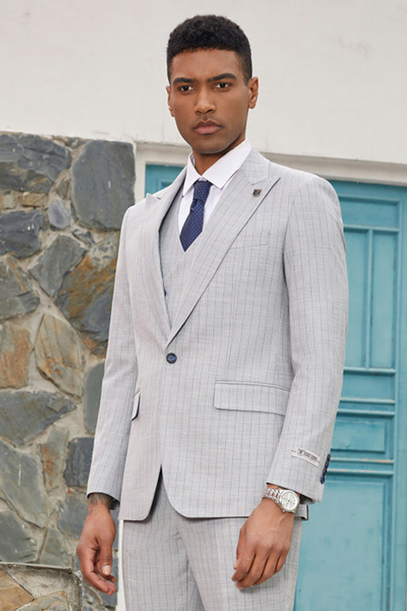 "Mens Stacy Adams Suit - Stacy Adams  Suit Men's Designer Suit - Vested One Button Peak Lapel in Light Grey Pinstripe" - 34 Short