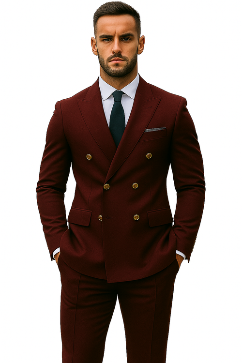 Slim Fit Double Breasted Suit Gold Buttons - Burgundy Suit - Designer Wool Suits