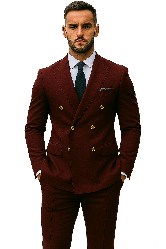 Slim Fit Double Breasted Suit Gold Buttons - Burgundy Suit - Designer Wool Suits