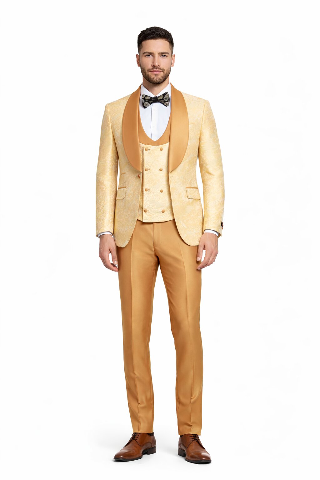 Gold Paisley 3-Piece Skinny Fit Suit – Wide Shawl Lapel with Matching Bow Tie - 34 Short or Extra Small