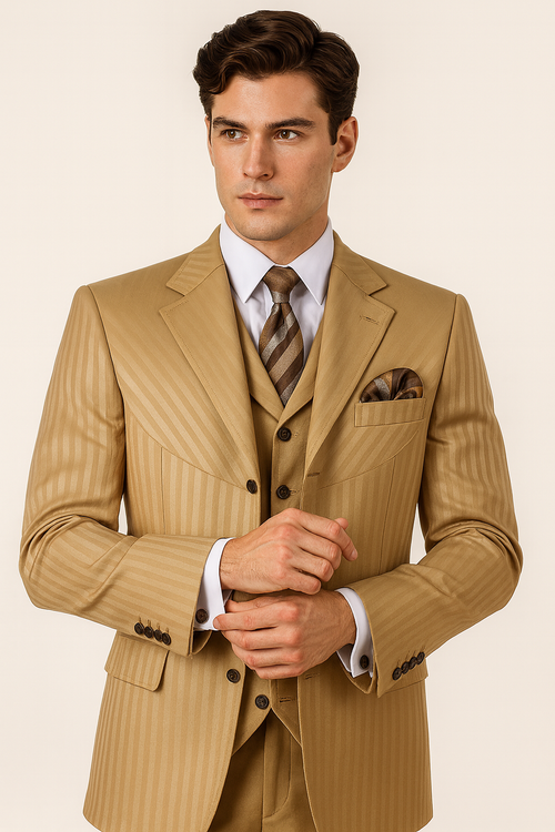 Cheap Priced Suit - Mens 4 Button Semi Wide Leg Shiny Tonal Stripe Fashion Gold Suit