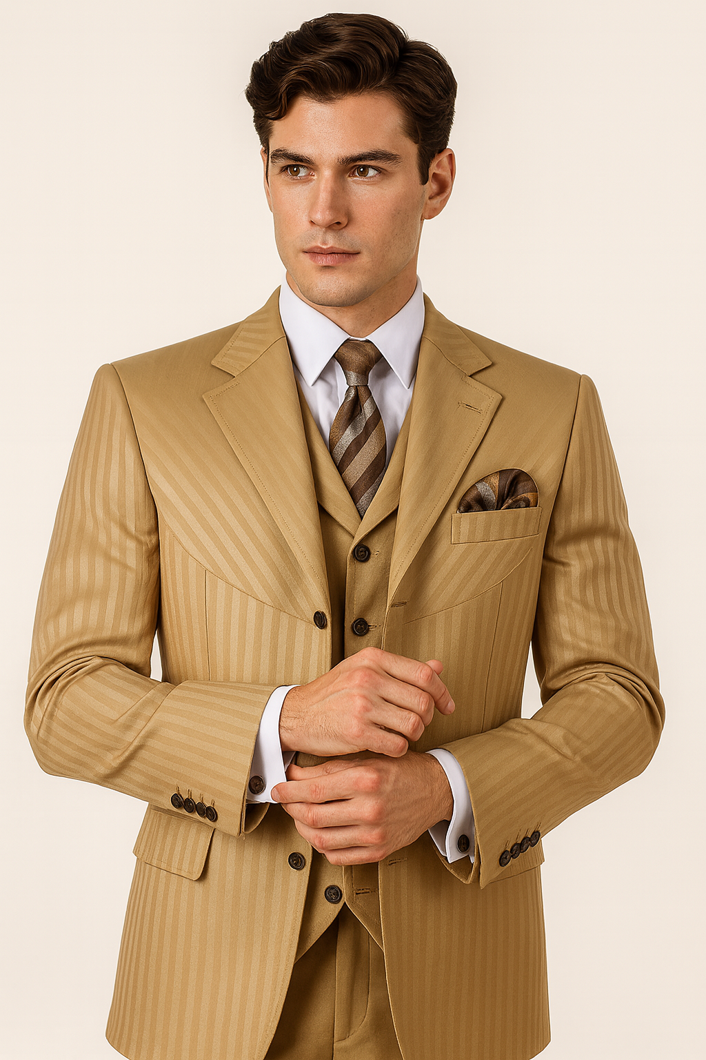 Cheap Priced Suit - Mens 4 Button Semi Wide Leg Shiny Tonal Stripe Fashion Gold Suit