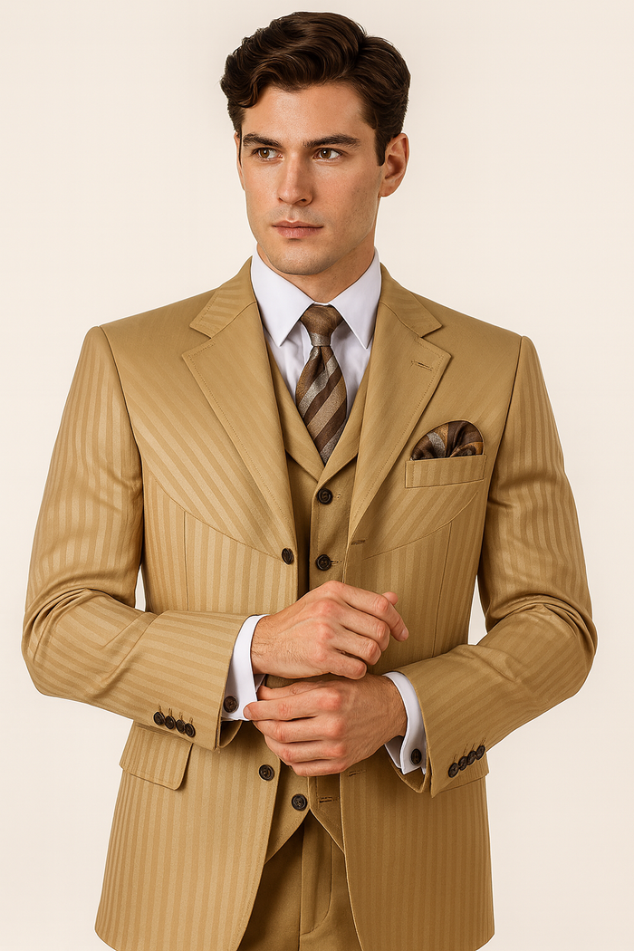 Cheap Priced Suit - Mens 4 Button Semi Wide Leg Shiny Tonal Stripe Fashion Gold Suit