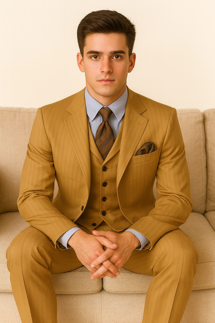 Cheap Priced Suit - Mens 4 Button Semi Wide Leg Shiny Tonal Stripe Fashion Gold Suit