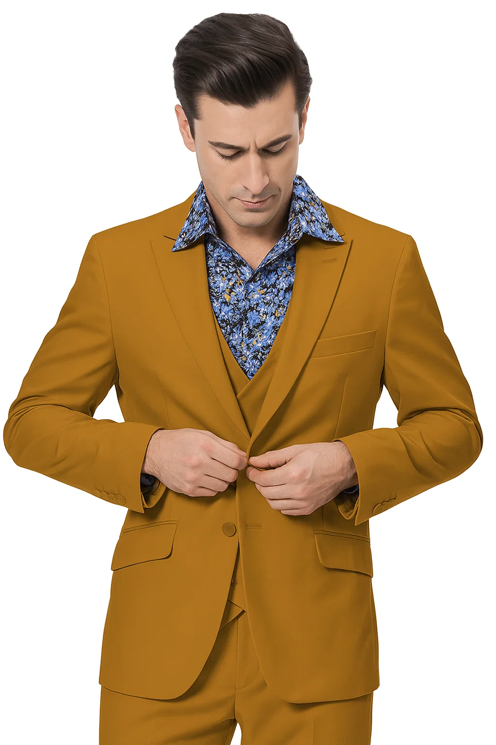 Stylish Gold 3-Piece Suit for Men – Peak Lapel, Vested, Two Button Jacket - 34 Short