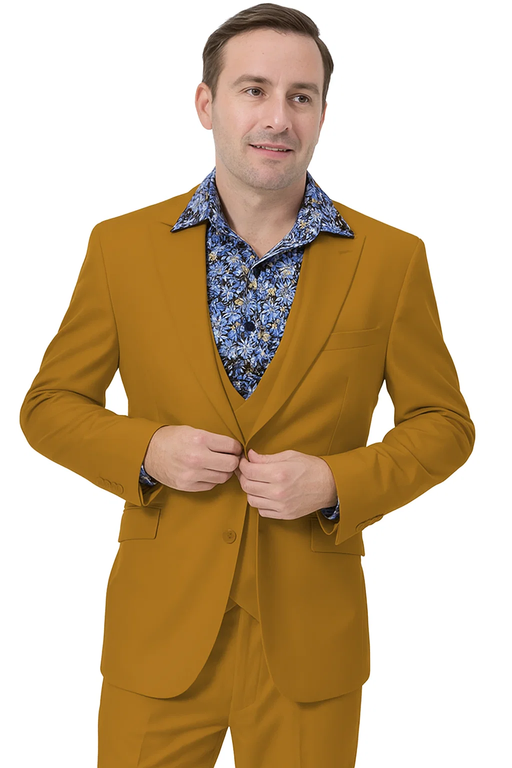 Stylish Gold 3-Piece Suit for Men – Peak Lapel, Vested, Two Button Jacket - 34 Short