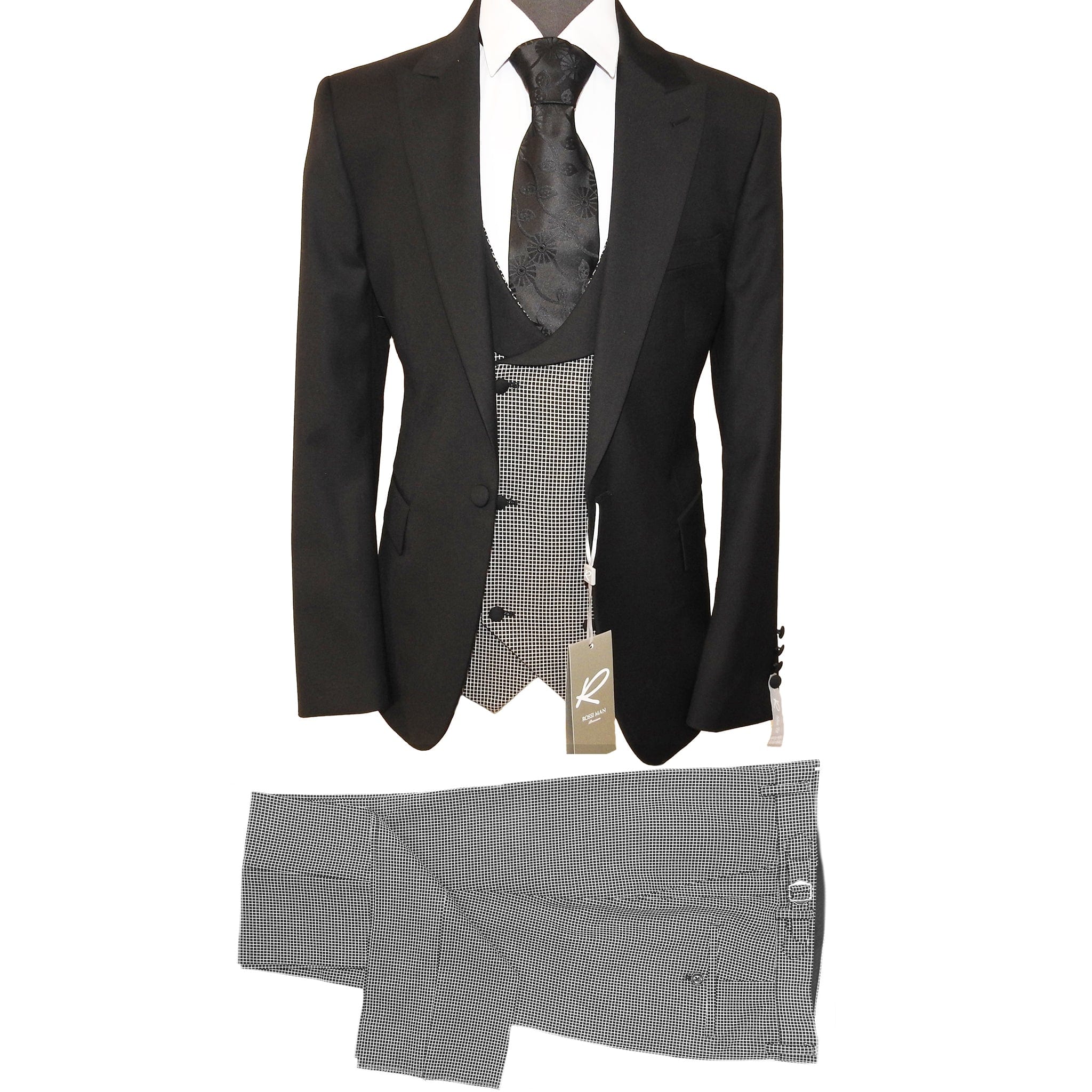 Rossiman Suits For Sale -  Mens Designer Suit - Fashion Suits - Fancy black grey Suits - 38 Short Jacket+32 Waist Adjustable 28to34)(Height: 5 4 to5 7 )(Neck  15-16.5)S-M)