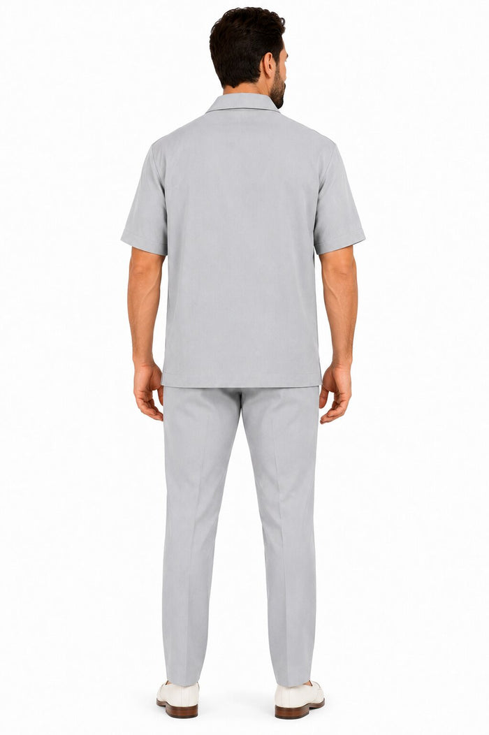 Men’s Light Gray Embroidered Walking Suit Set – 2 Piece Short Sleeve Casual Outfit