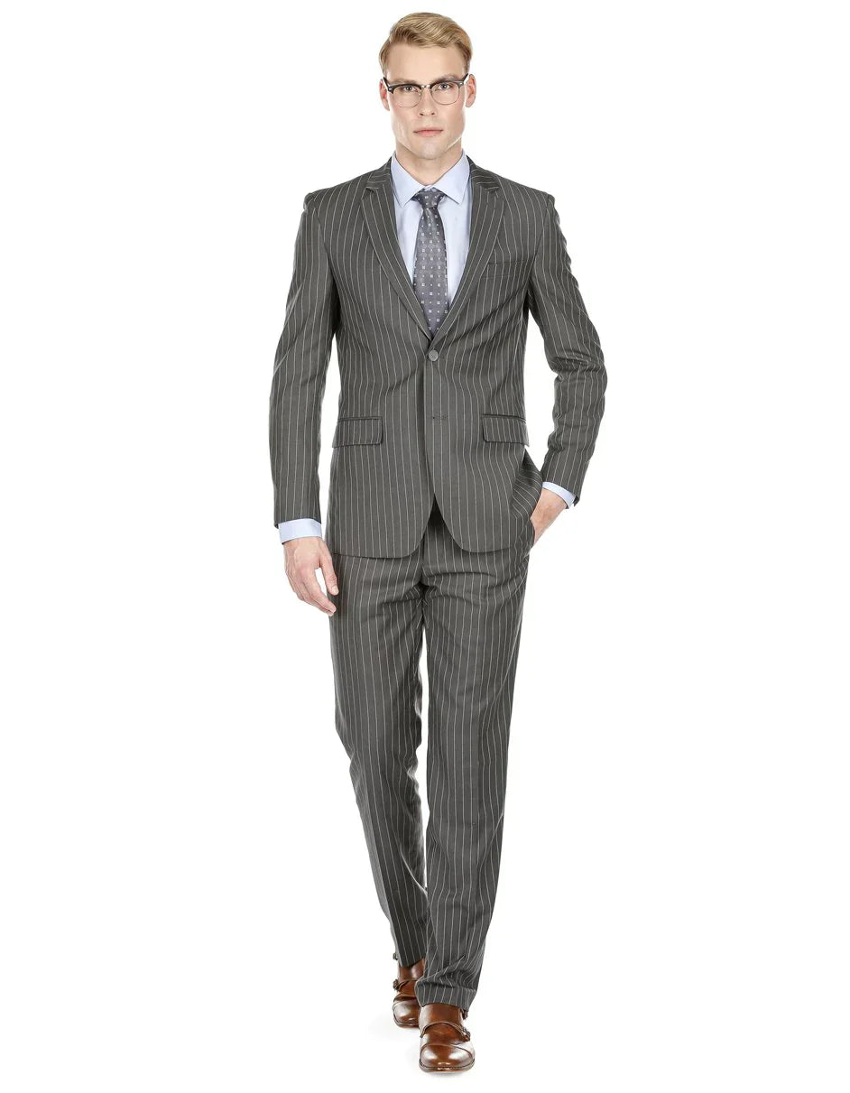 Gray Groomsmen Suits Mens Modern Fit Gangster Pinstripe Suit Charcoal Grey - Gray