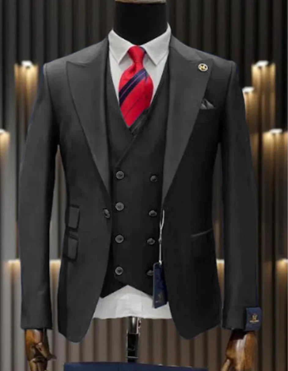 Gray Groomsmen Suits Mens One Button Peak Lapel Double Breasted Vest Wool Suit in Charcoal Grey - 36S