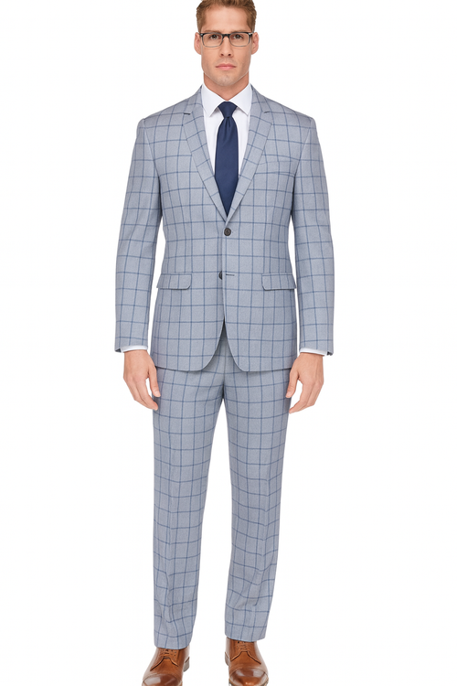 Gray Groomsmen Suits Mens Slim Fit Window Pane Suit Grey
