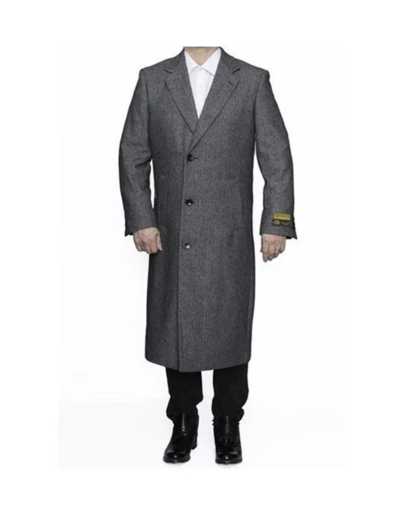 Mens Topcoat Mens Dress Coat Removable Fur Collar Full Length Wool Herringbone Grey coat - Coat Size 38