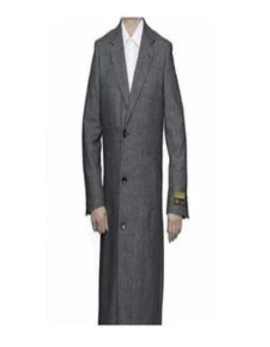 Mens Full Length Wool Herringbone Gray Overcoat / Topcoat