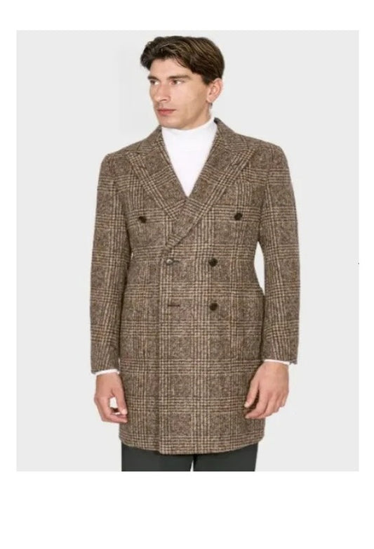 Gray Plaid Overcoat - Wool Carcoat - Tweed Herringbone Texture Coat Double Breasted Style