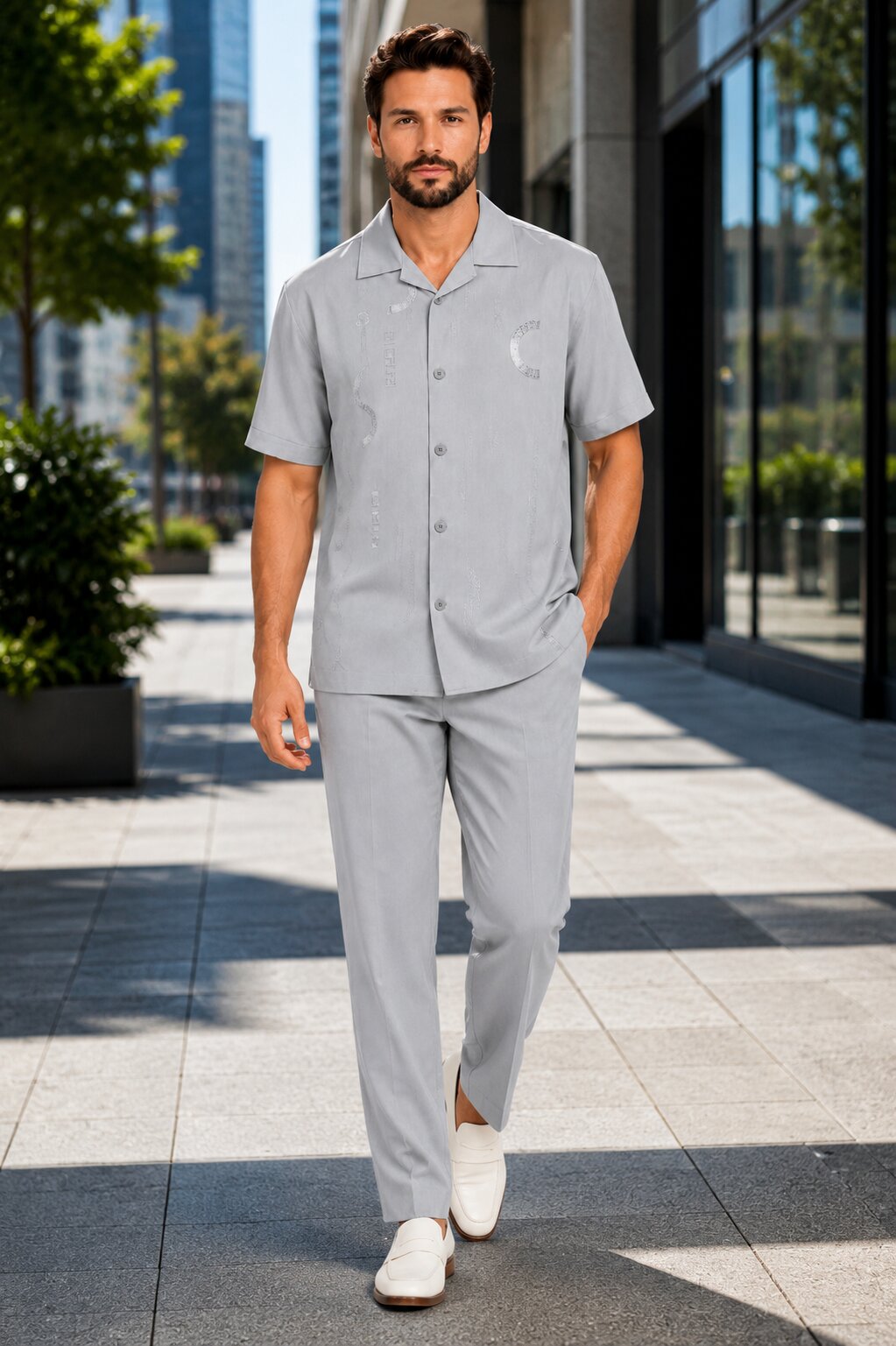 Men’s Light Gray Embroidered Walking Suit Set – 2 Piece Short Sleeve Casual Outfit - S