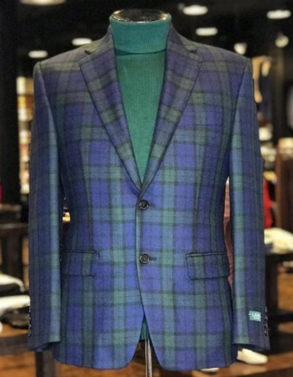 Big and Tall Plait Sport Coat - Windowpane Checkered Scottish English Pattern Party Blazer in Color Green and Blue Tartan - S