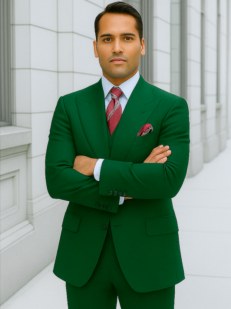 Green Double Breasted Suit Many Styles & Brands $99UP Hunter Green Peak Lapel 100% Percent Fabric Double Breasted Slanted Vest - 52 Regular Jacket+46 Waist Adjust 42to48)Height: 5'7"-6')(Neck 18.5-20:XXL-XXXL