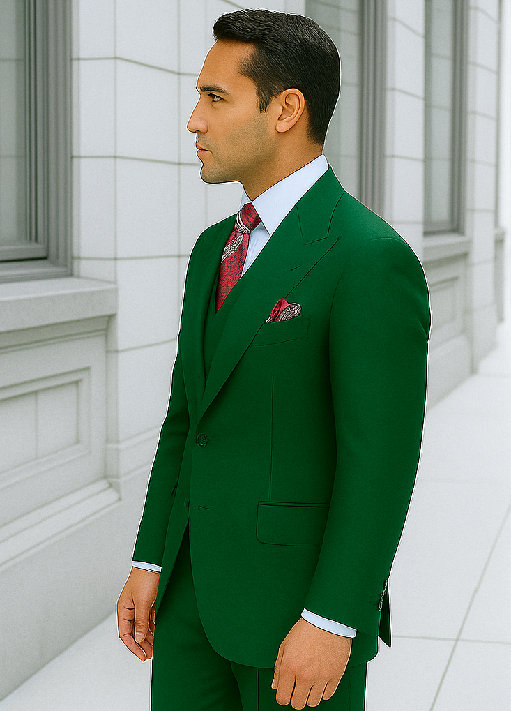 Green Double Breasted Suit Many Styles & Brands $99UP Hunter Green Peak Lapel 100% Percent Fabric Double Breasted Slanted Vest - 52 Regular Jacket+46 Waist Adjust 42to48)Height: 5'7"-6')(Neck 18.5-20:XXL-XXXL