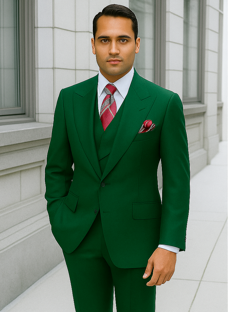 Green Double Breasted Suit Many Styles & Brands $99UP Hunter Green Peak Lapel 100% Percent Fabric Double Breasted Slanted Vest - 52 Regular Jacket+46 Waist Adjust 42to48)Height: 5'7"-6')(Neck 18.5-20:XXL-XXXL