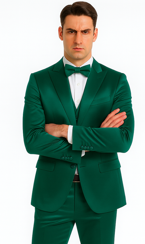 Stylish Green Satin 3 Piece Slim Fit Tazzio Men's Suit with Peak Lapel Suit
